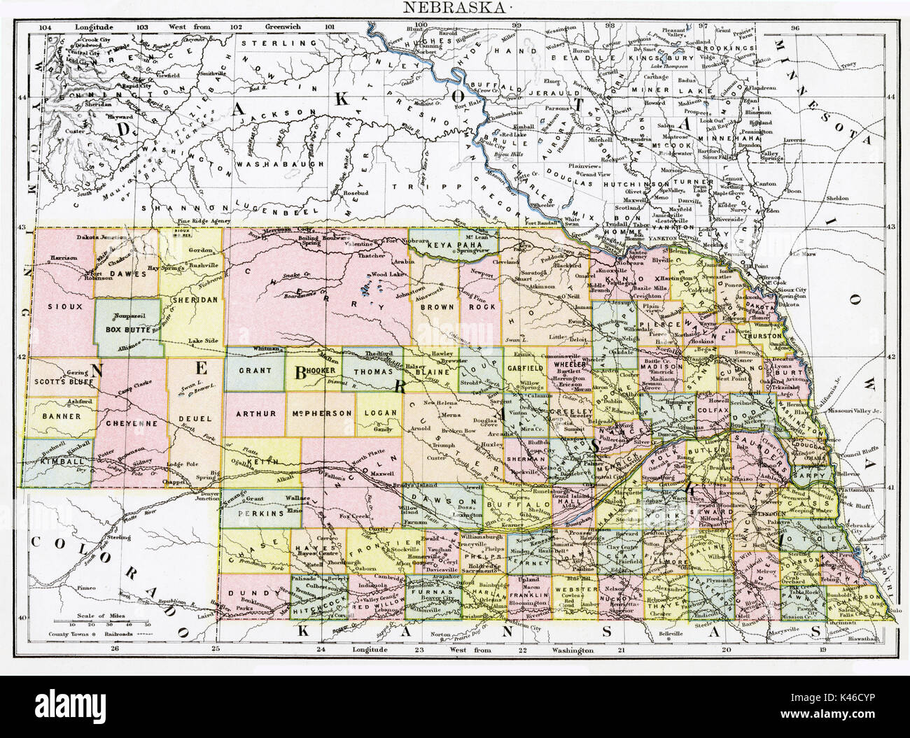 Antique map, circa 1875, of Nebraska Stock Photo