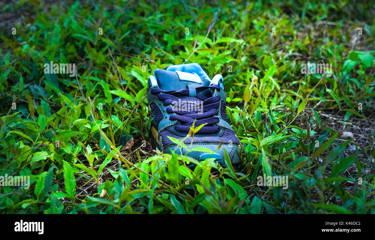 Lost shoe on the green field and the sunlight Stock Photo Alamy