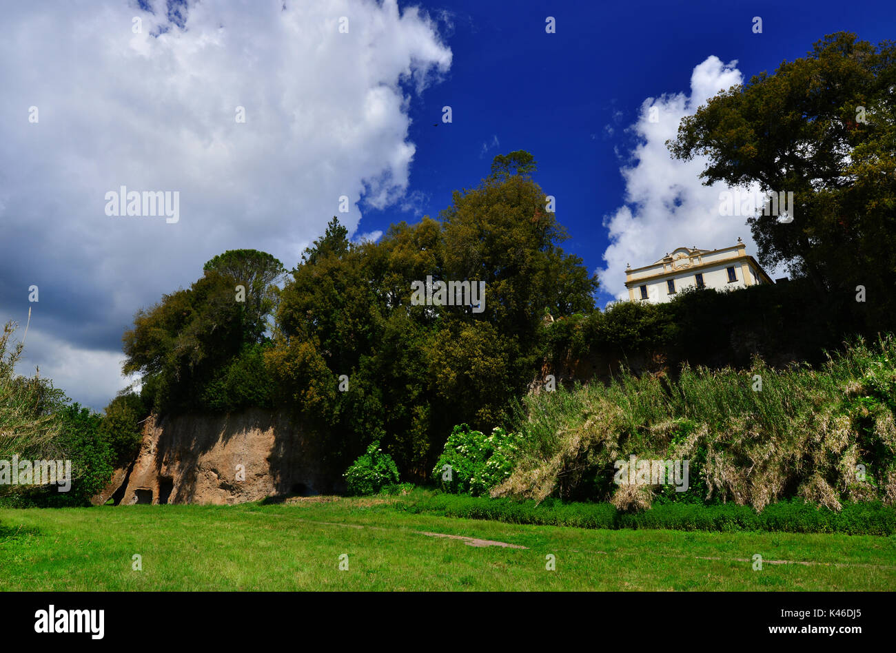 Villa Savorelli public park in the ancient medieval town of Sutri, seen from the vally with prehistoric caves Stock Photo