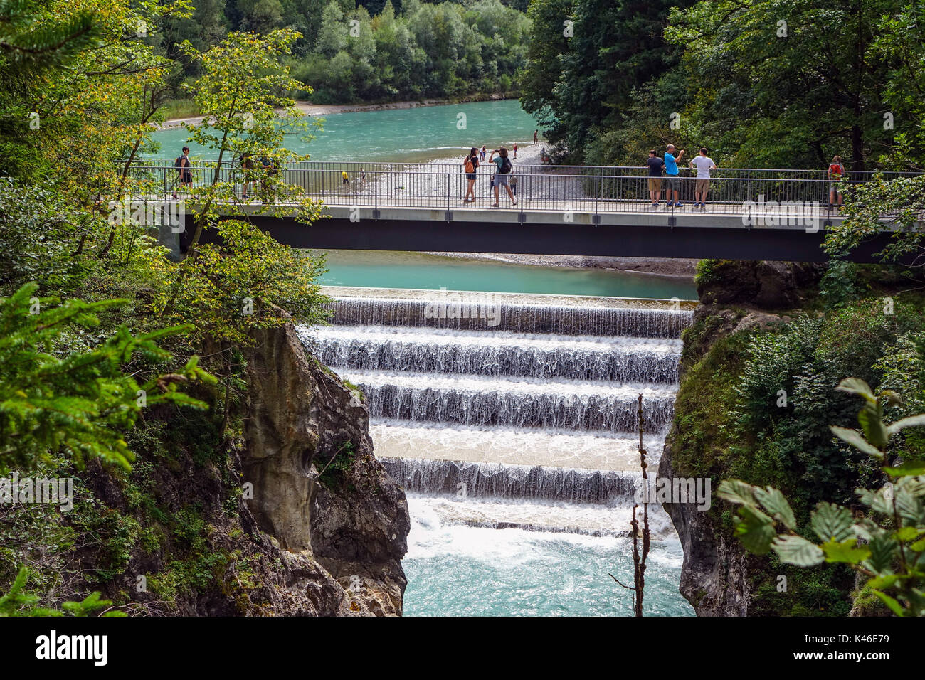Lechfall bridge and gorge Füssen, Bavaria, Germany, Part of Romantic Road with tourists Stock Photo