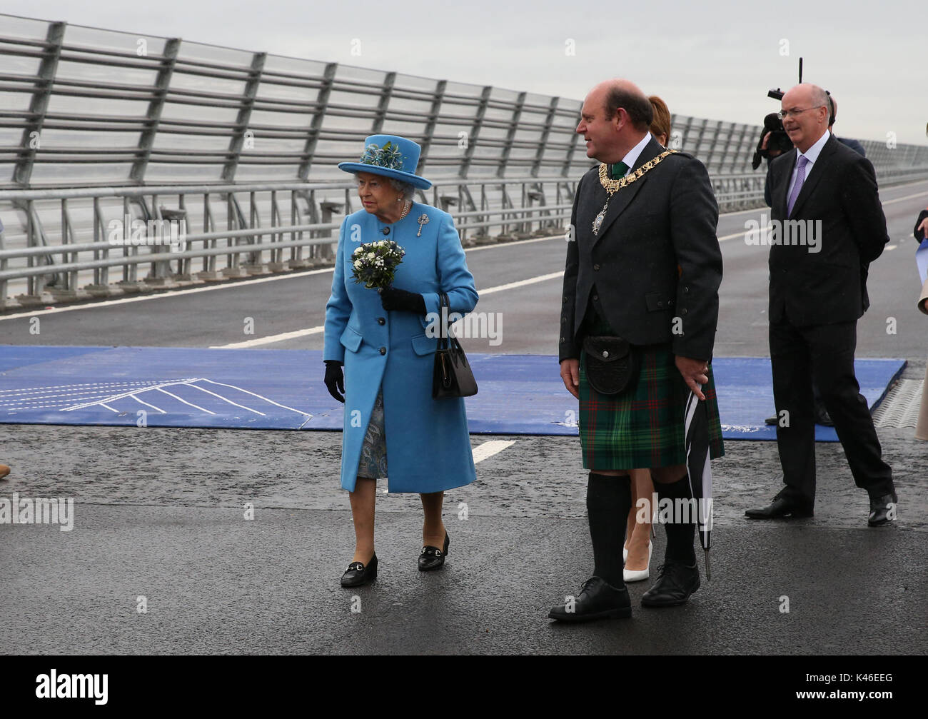 Queen Elizabeth II on the Queensferry Crossing during the official opening of the new bridge across the Firth of Forth.  The new bridge is the world's longest three tower cable-stay bridge. Stock Photo
