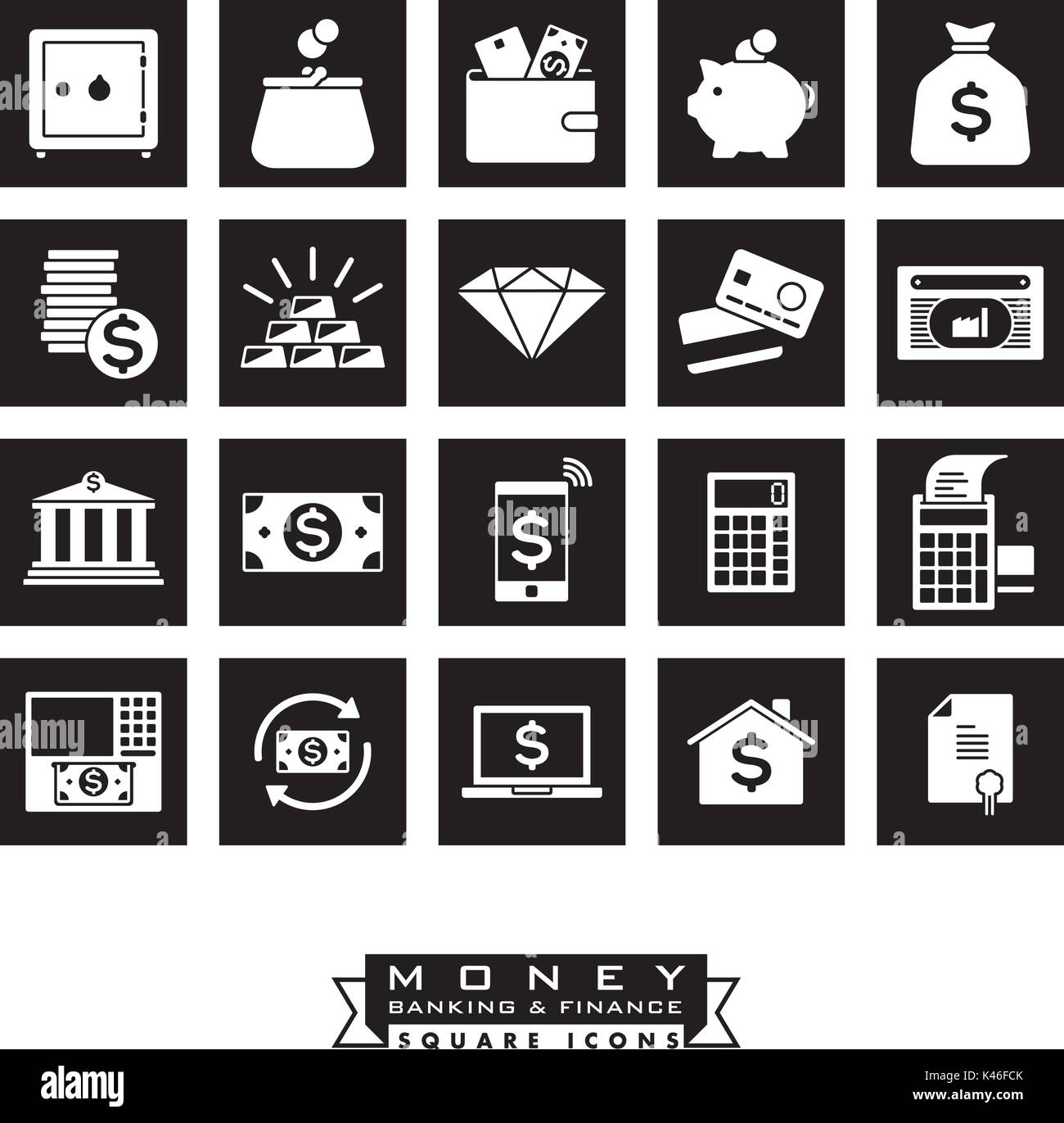 Collection of 20 money, banking and finance related black square icons Stock Vector