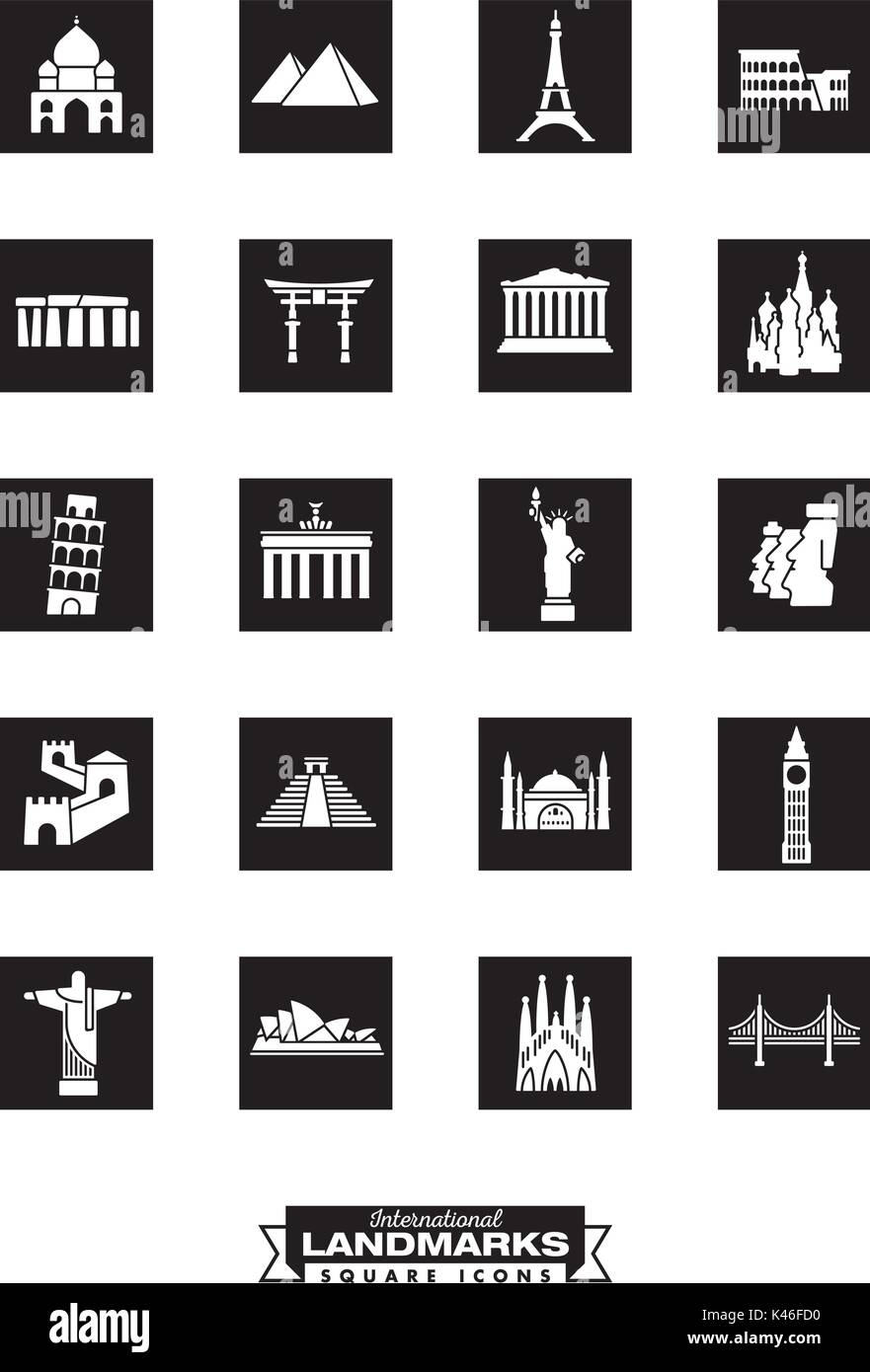 Square black icons collection of international landmarks Stock Vector