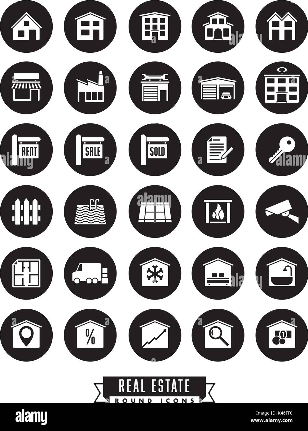 Collection of real estate round black icons on white background Stock ...