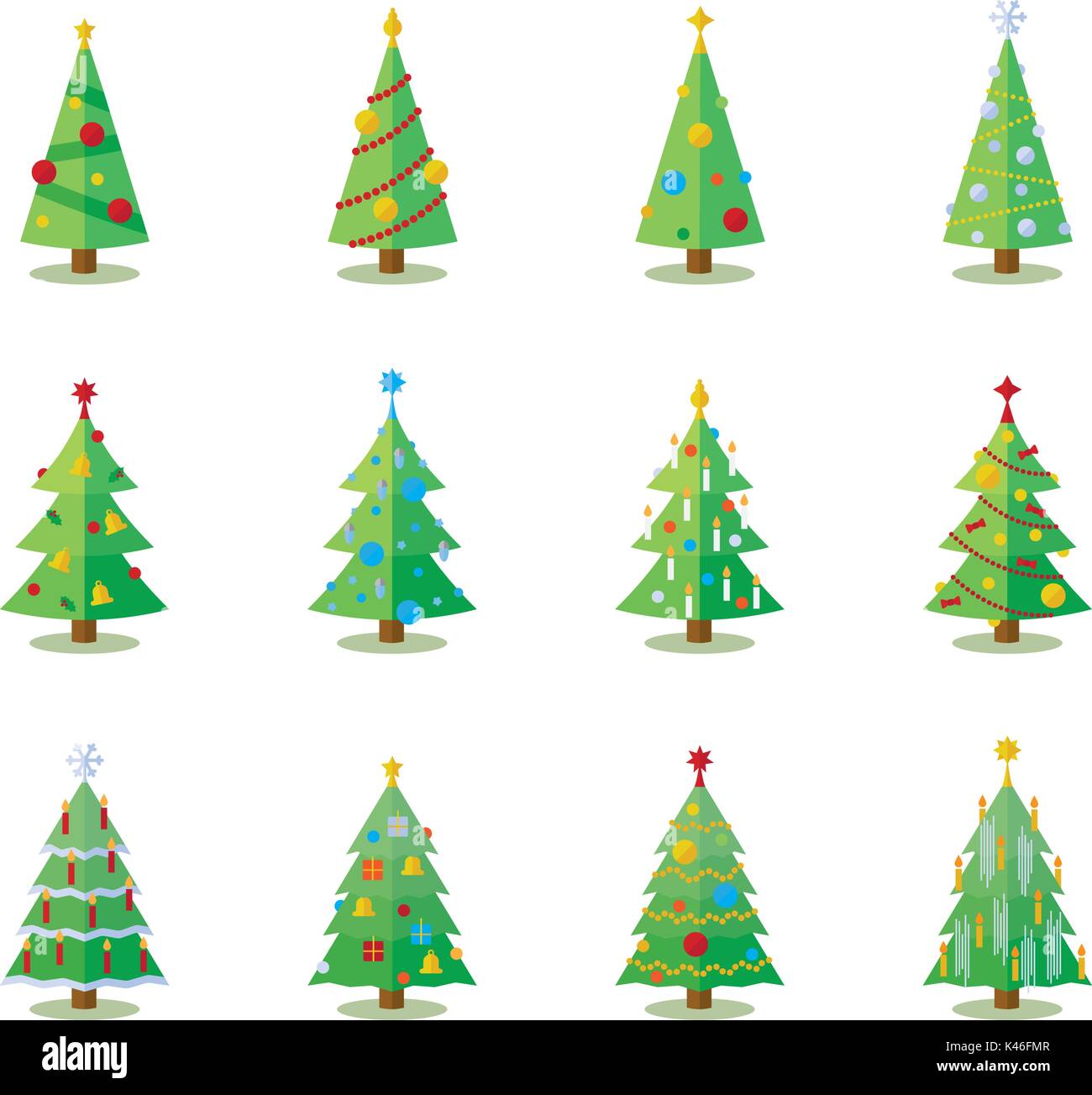 Set of 12 christmas trees with varying decoration Stock Vector
