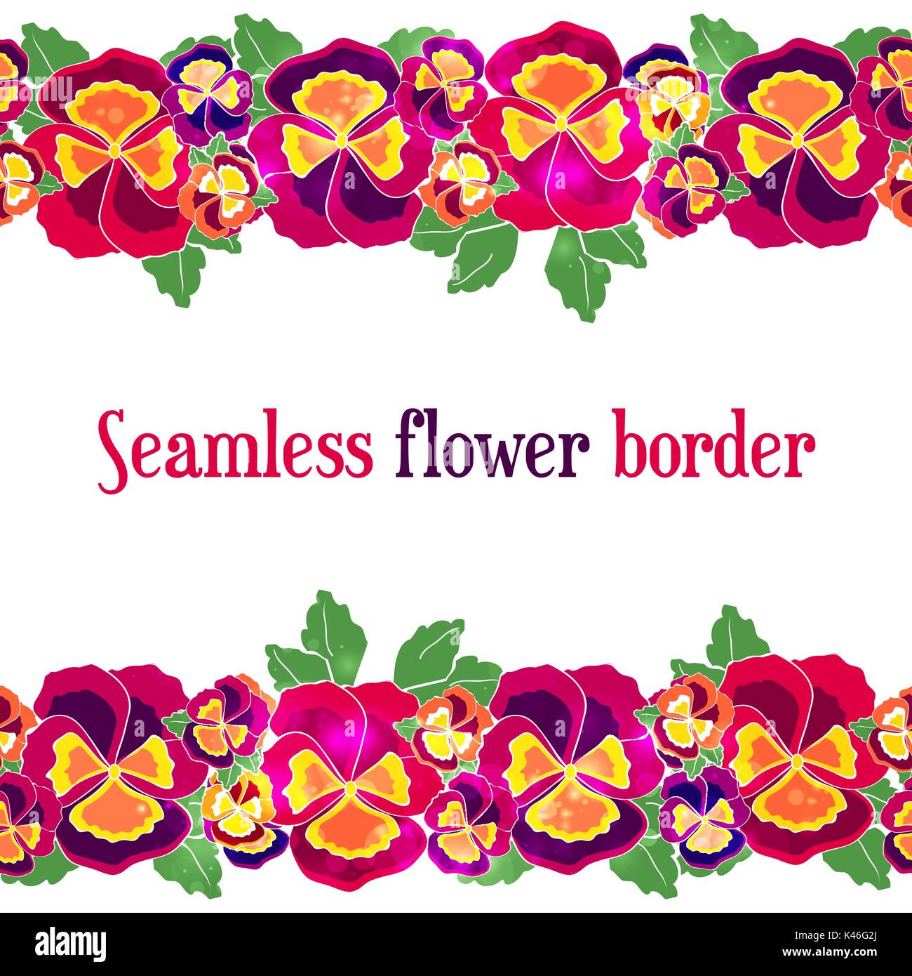 Vector seamless floral border. Design for wedding invitation, flower shop and beauty salons. Bright pansies on white background Stock Vector