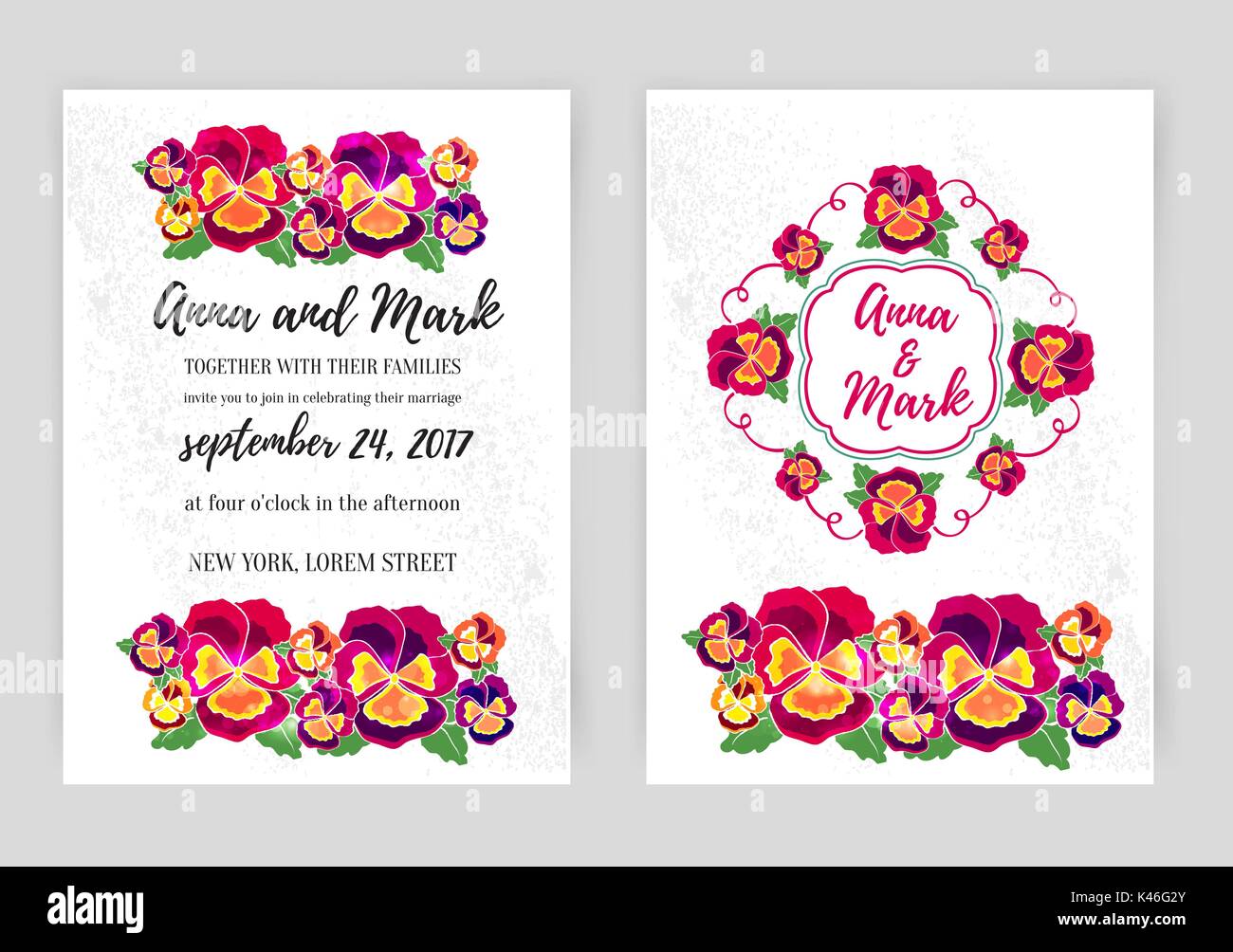 Vector set of floral wedding invitations. Design for  invitation, flower shop and beauty salons. Bright pansies on a white background Stock Vector