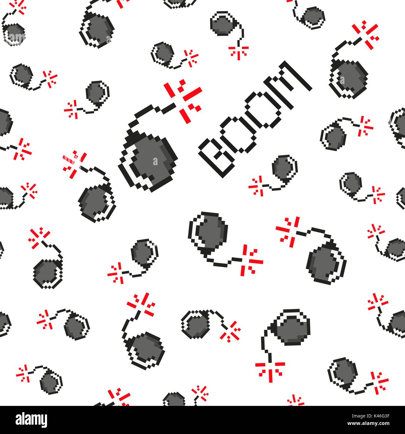 Pixel art vector objects to create Fashion seamless pattern. Background with bombs, boom for boys. trendy 80s-90s   style Stock Vector