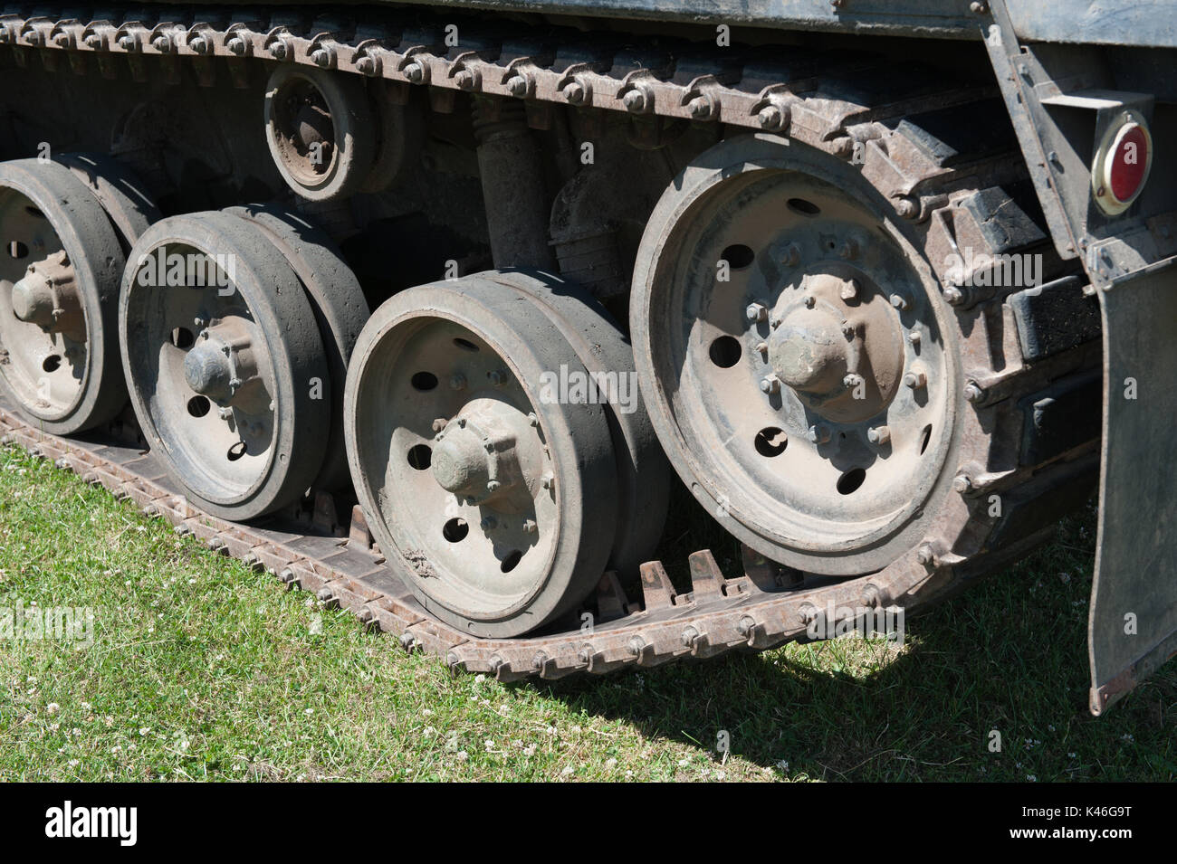 tank tracks close up in green scorpion tank army vehicle Stock Photo