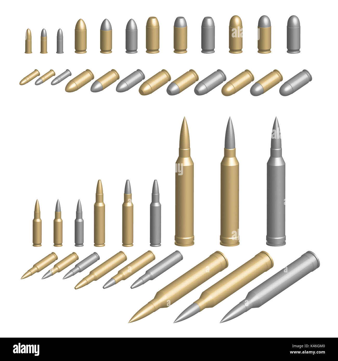 Variety of bullets illustrated in brass silver or steel casings Stock Photo