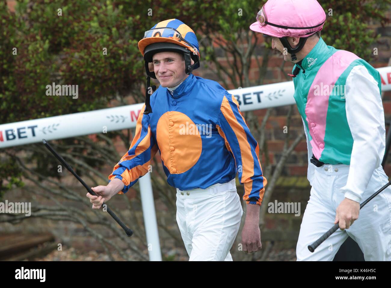Top Jockey Ryan Moore  makes a rare appearance at his local track Brighton in East Sussex. Stock Photo