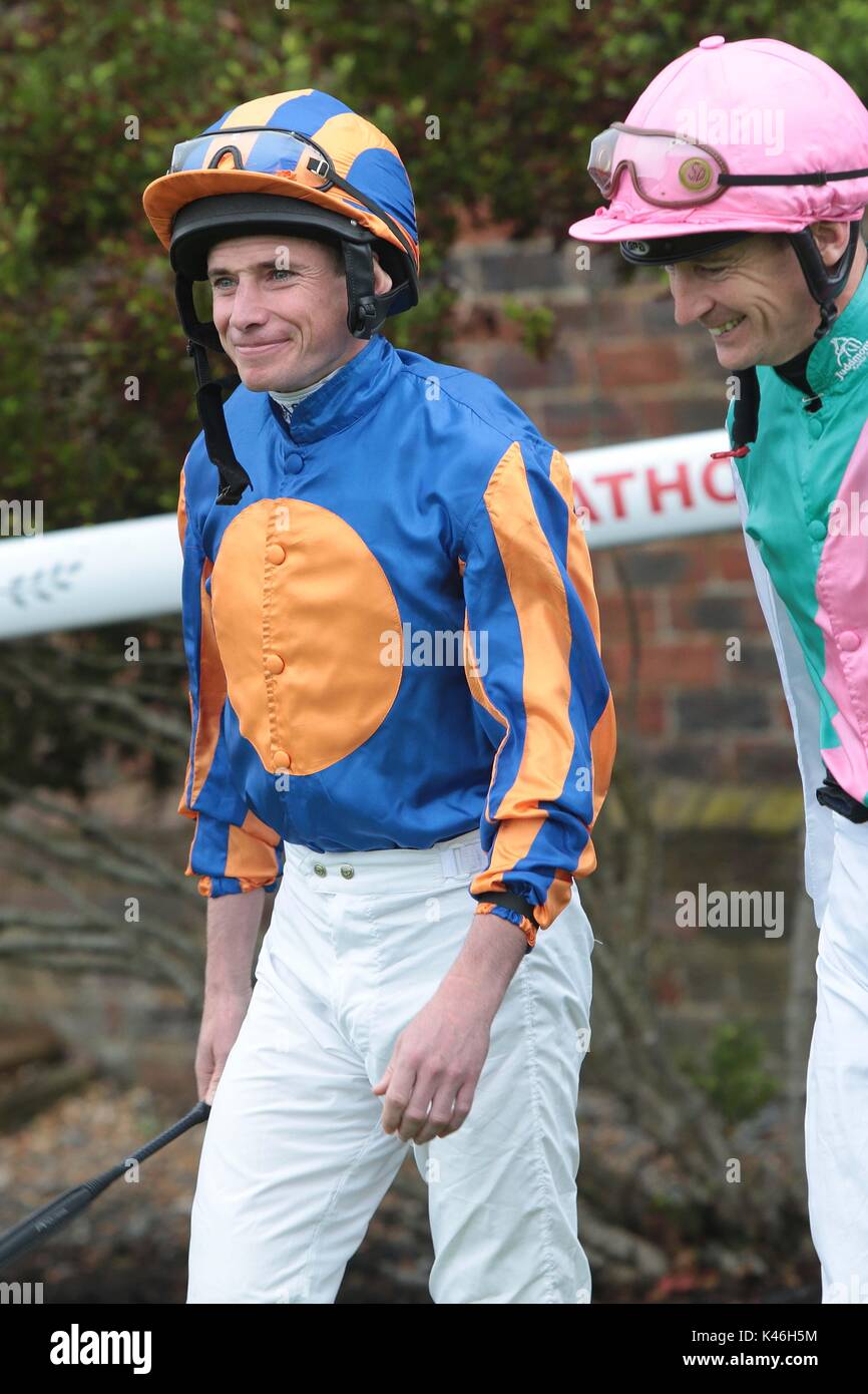 Top Jockey Ryan Moore  makes a rare appearance at his local track Brighton in East Sussex. Stock Photo