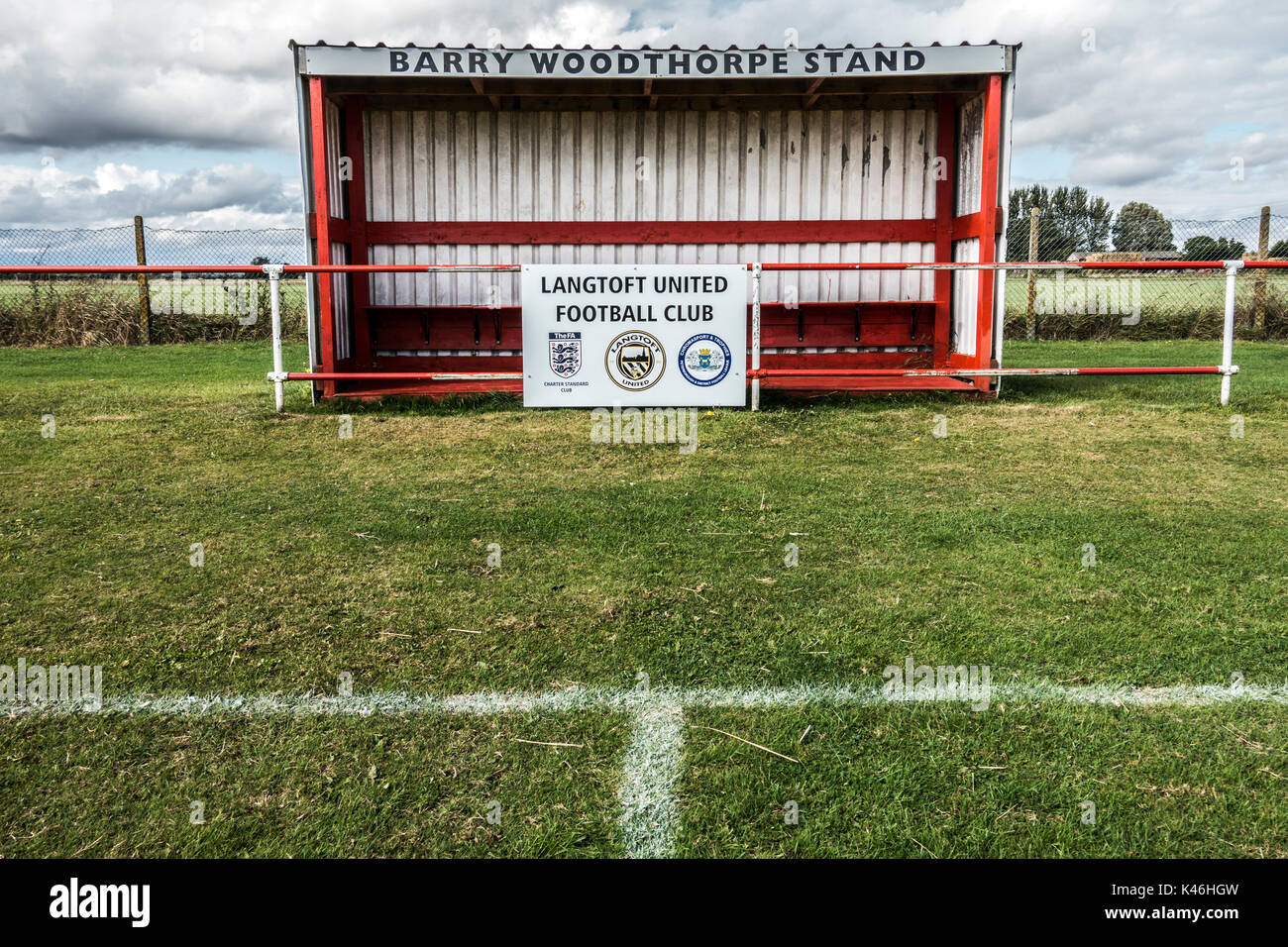 Grass roots football. Basic corrugated metal match stand for team