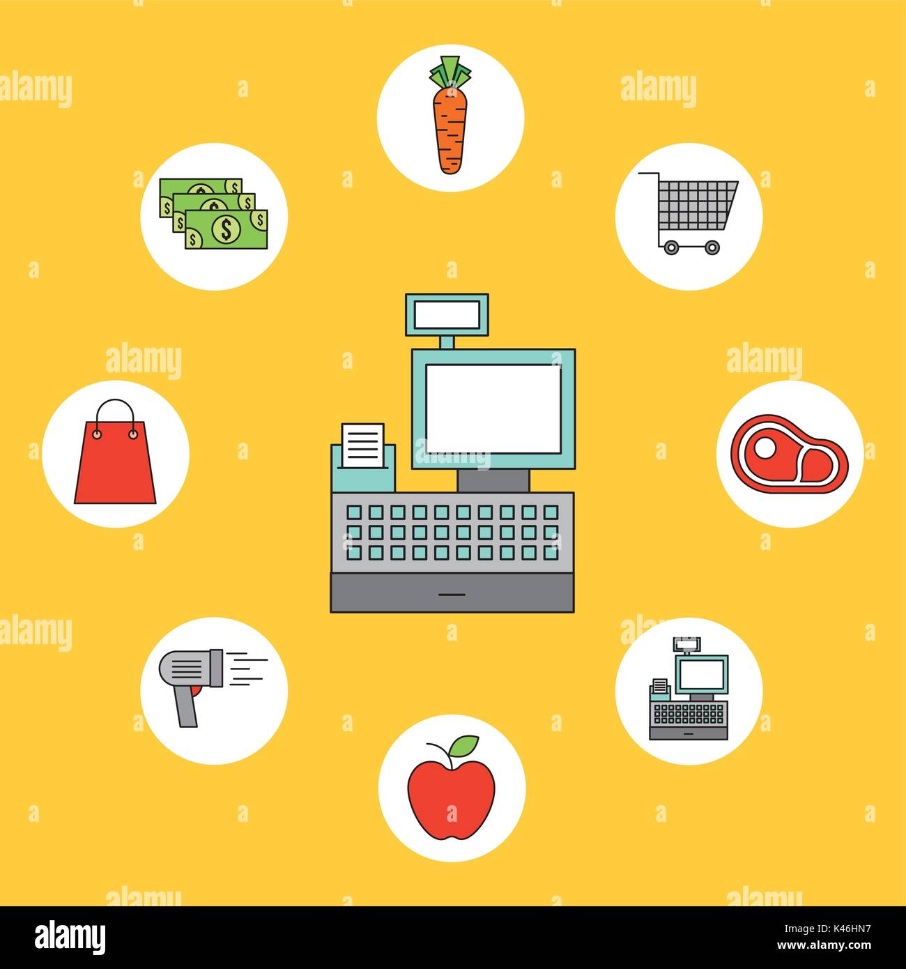 cash register supermarket products food vegetable fruit Stock Vector