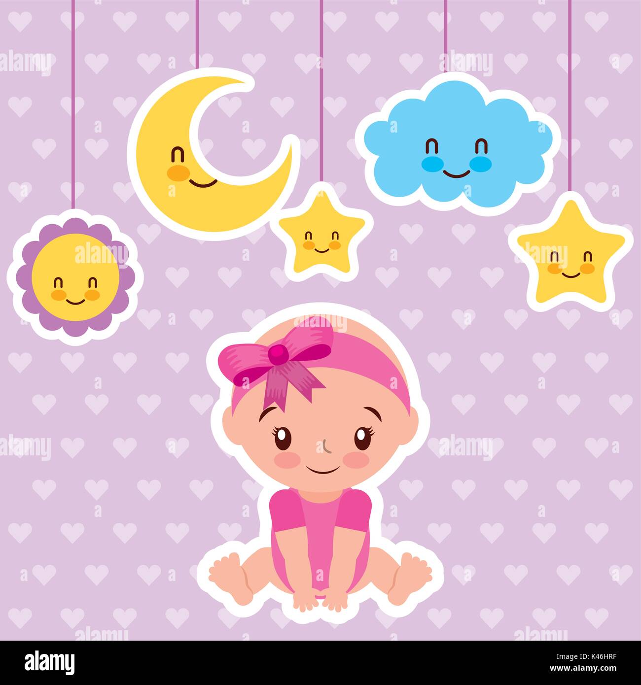 cute baby girl sitting with cartoon cloud star and moon Stock Vector Image  & Art - Alamy