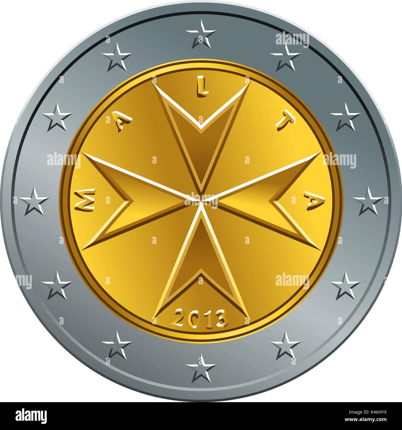 vector Maltese money gold euro coin two euro Stock Vector