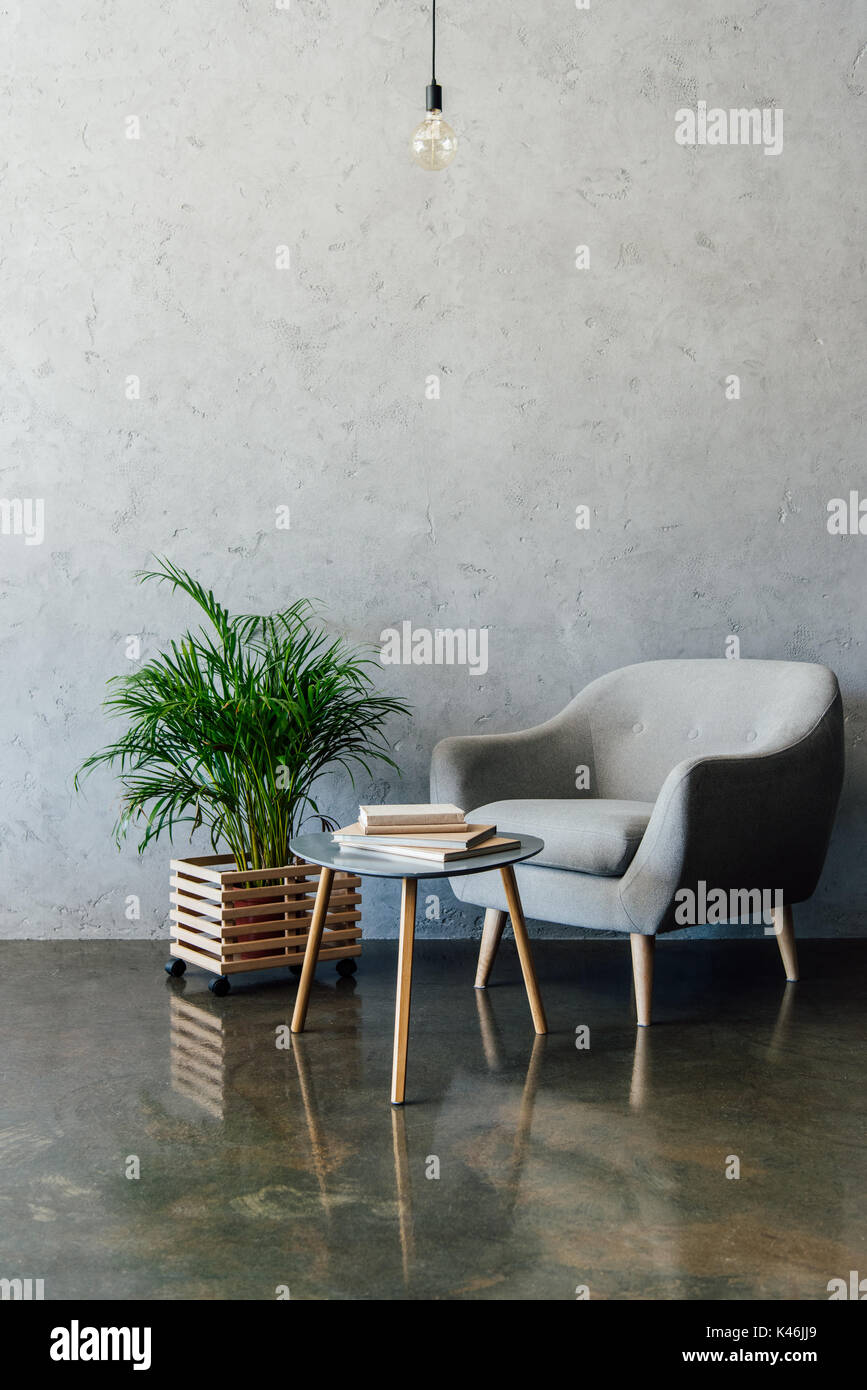 Cozy grey armchair with books on coffee table and green potted plant in empty room Stock Photo