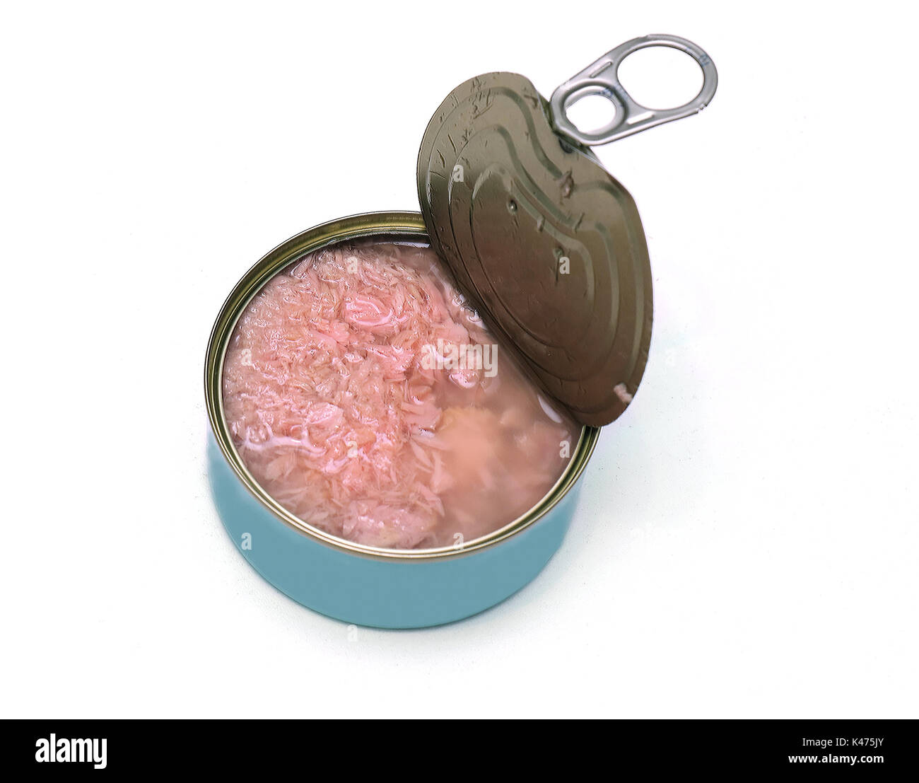 Tuna can with open lid on white background Stock Photo