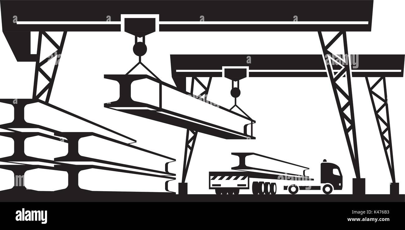 Railroad crane loading concrete panels on truck - vector illustration Stock Vector
