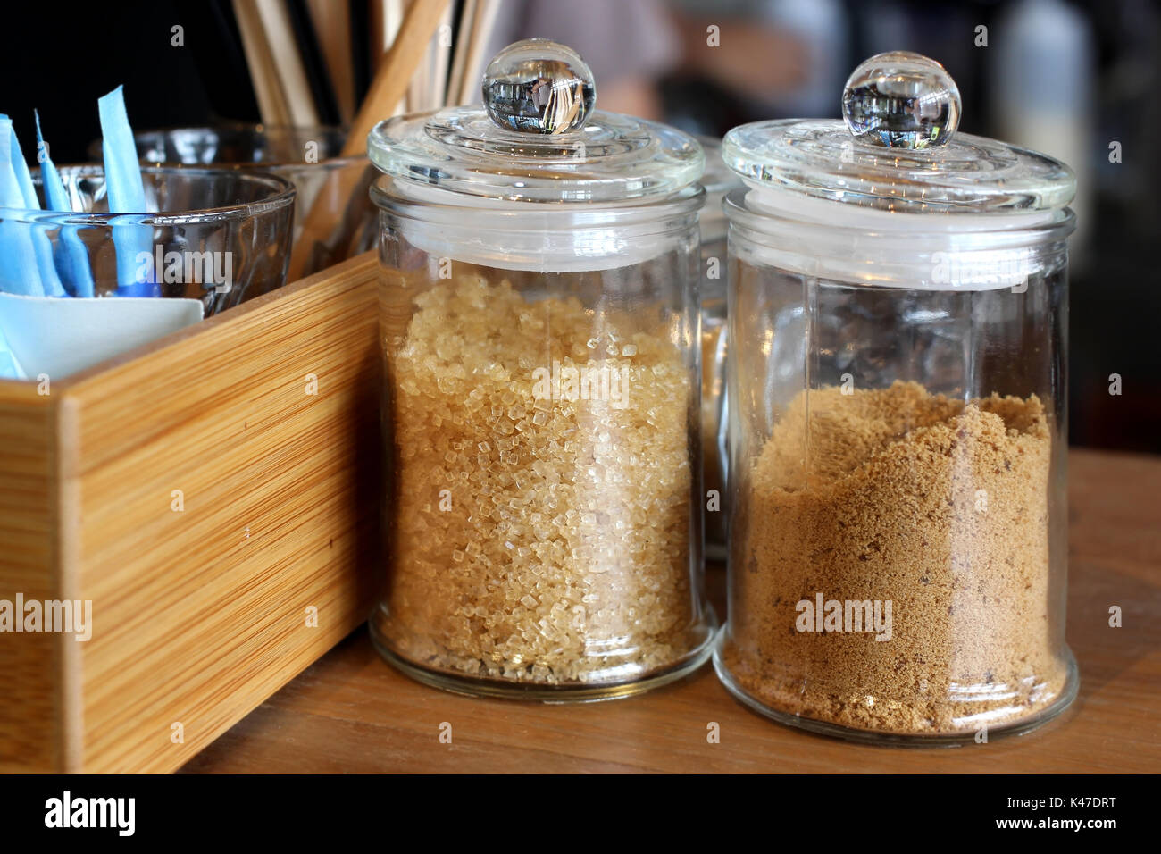 many kinds of sugar for coffee in the glass bottle Stock Photo