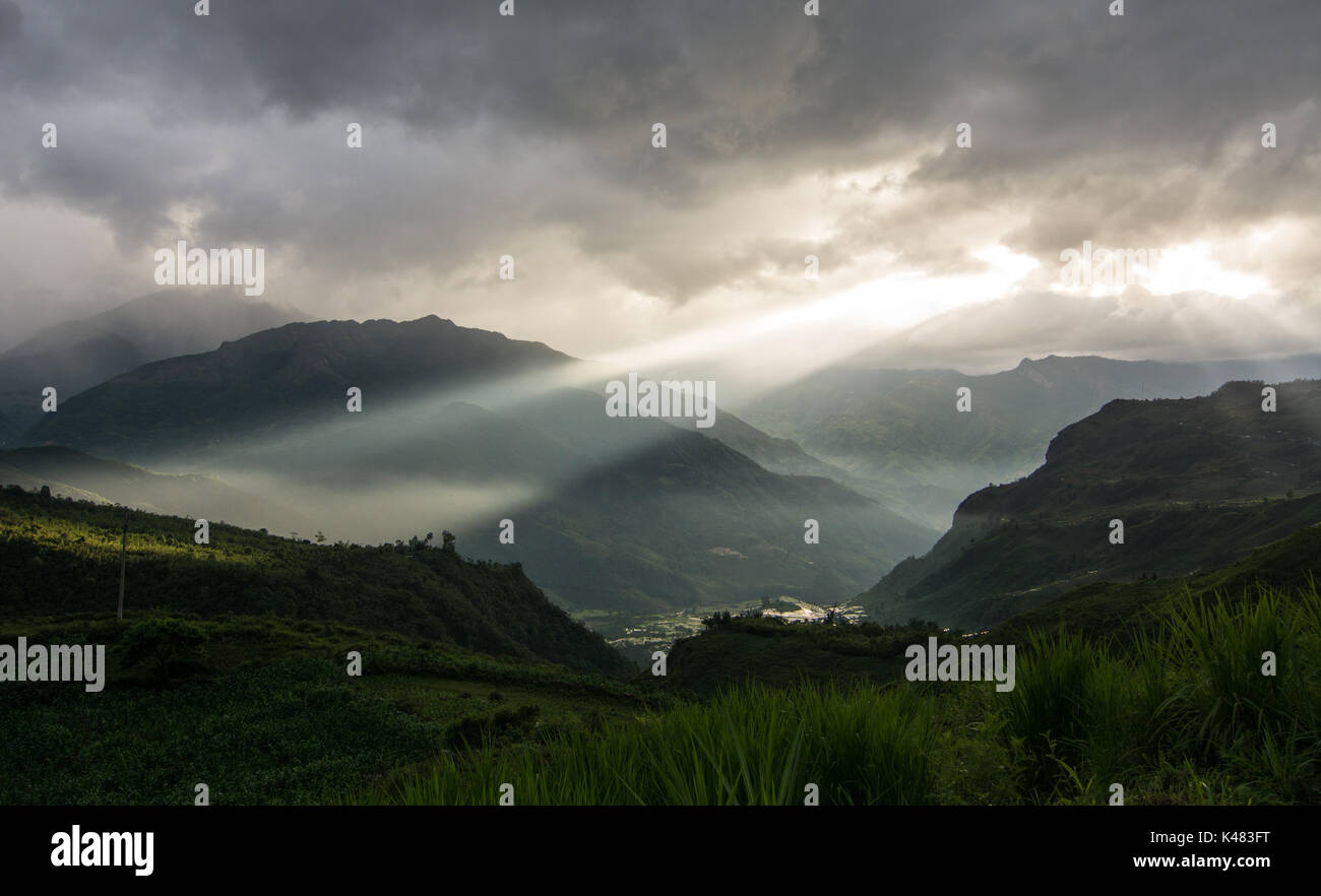 Mountain scenery at sunset in Y Ty District, Lao Cai, Vietnam. Lao Cai ...