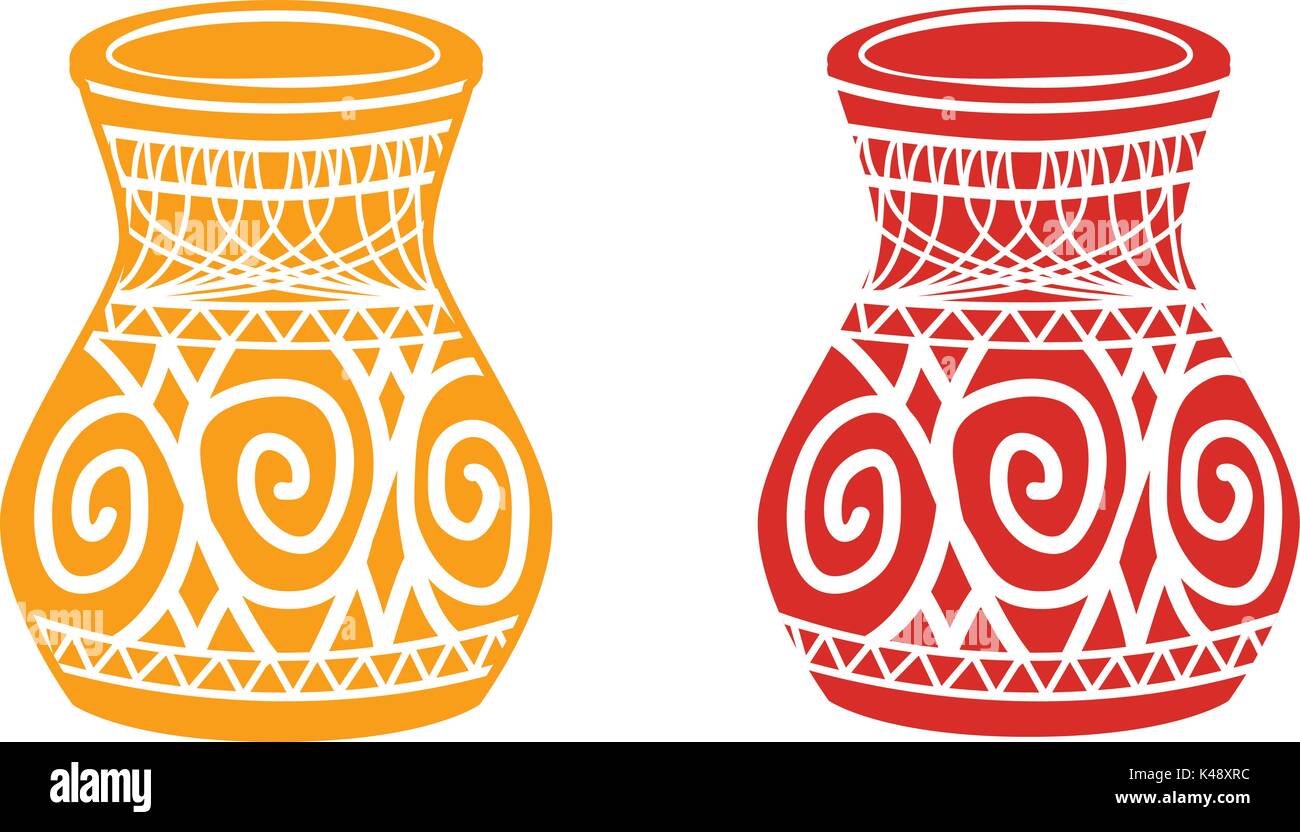 Rustic clay pottery set and brown pot or jug with pattern decorations.  Collection of old handmade utensils and ceramic Greek objects. Jug shape  and vintage earthenware icons vector illustration 11762119 Vector Art