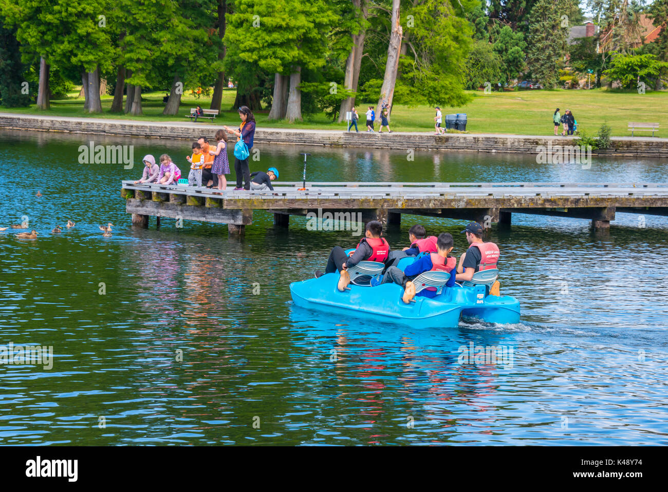 Family Boating, Feeding Ducks, Walking, Playing at Green Lake City Park, Seattle, Washington Stock Photo