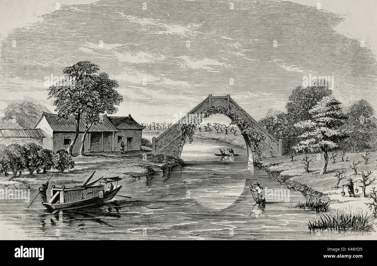 View of the Grand Canal, with Mulberry Trees on its banks, China, circa 1850 Stock Photo