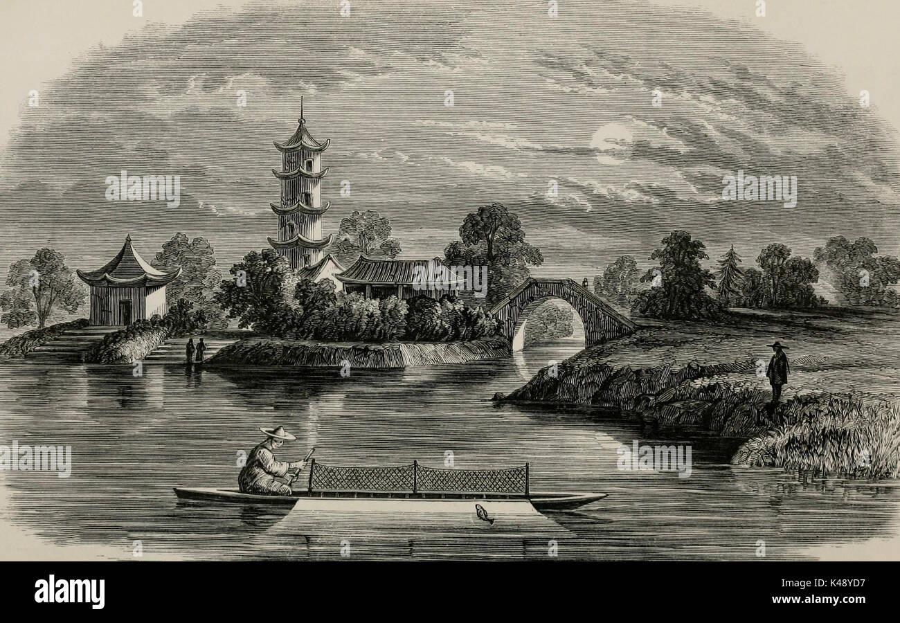 Curious Method of Fishing - China, circa 1850 Stock Photo