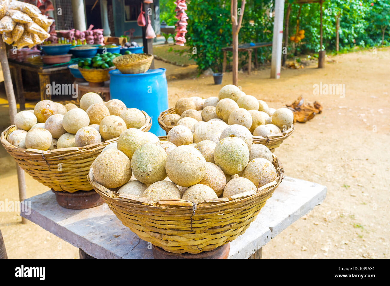 Heaps of wood apple in small roadside stall in Sri Lanka Stock Photo