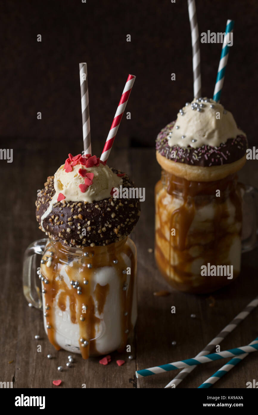 Freakshake Milkshake with lots of caramel and calories Stock Photo