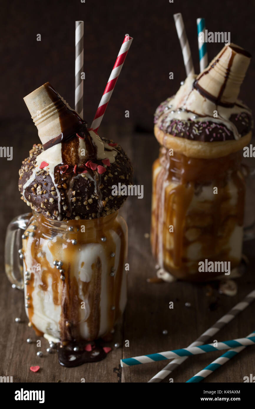 Freakshake Milkshake with lots of caramel and calories Stock Photo
