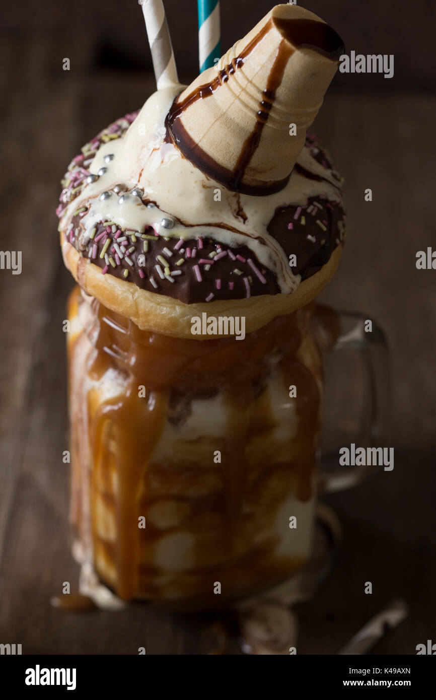 Freakshake Milkshake with lots of caramel and calories Stock Photo
