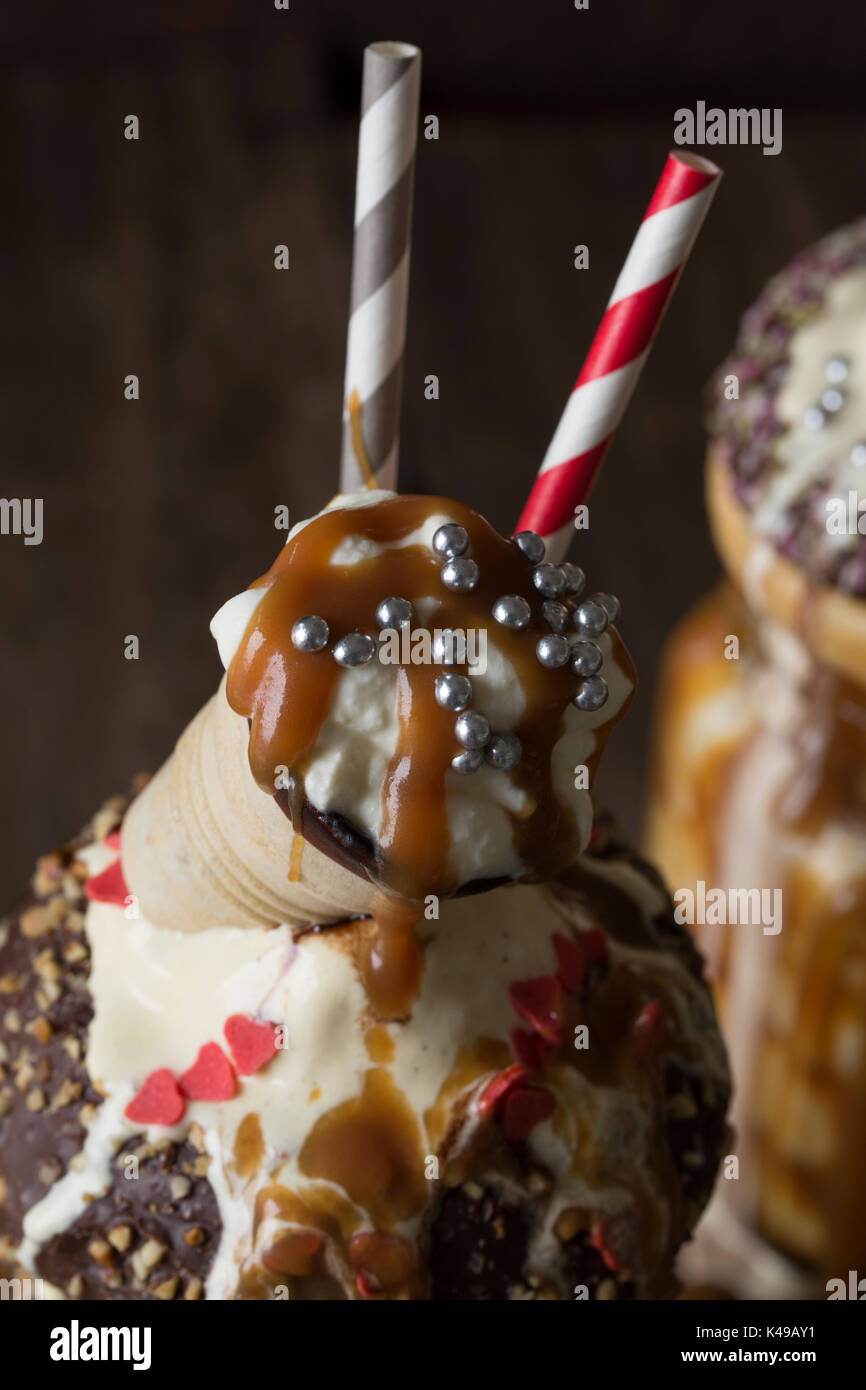 Freakshake Milkshake with lots of caramel and calories Stock Photo