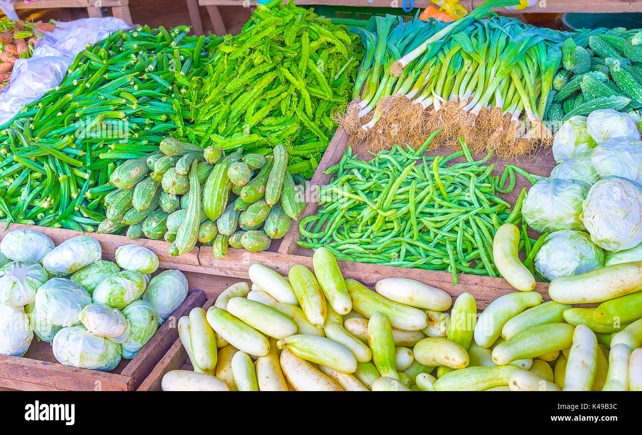 Variety of vegetables on a counter in roadside stall in Sri Lanka Stock
