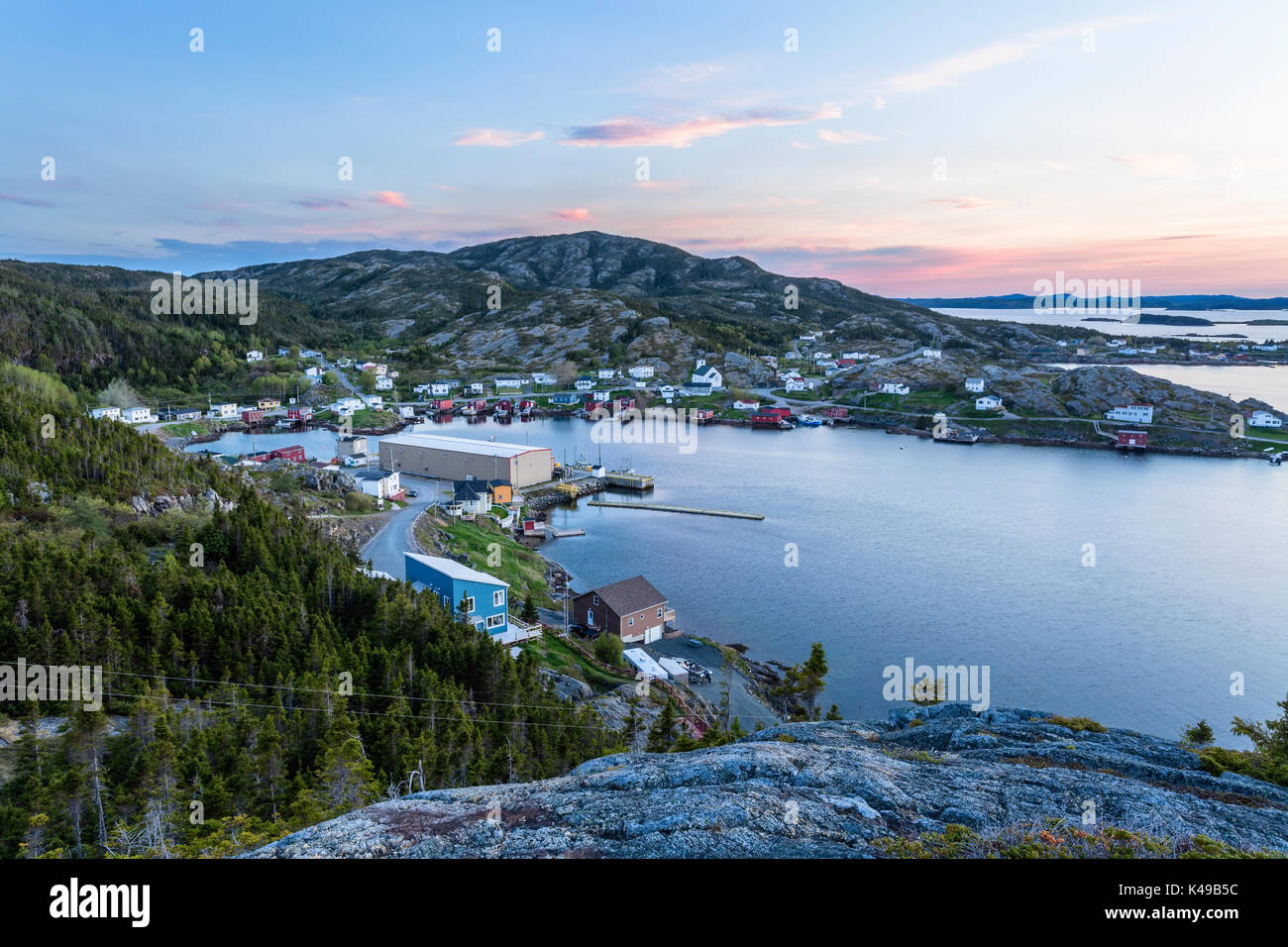 Harbour and the town of Salvage at sunset in Newfoundland and