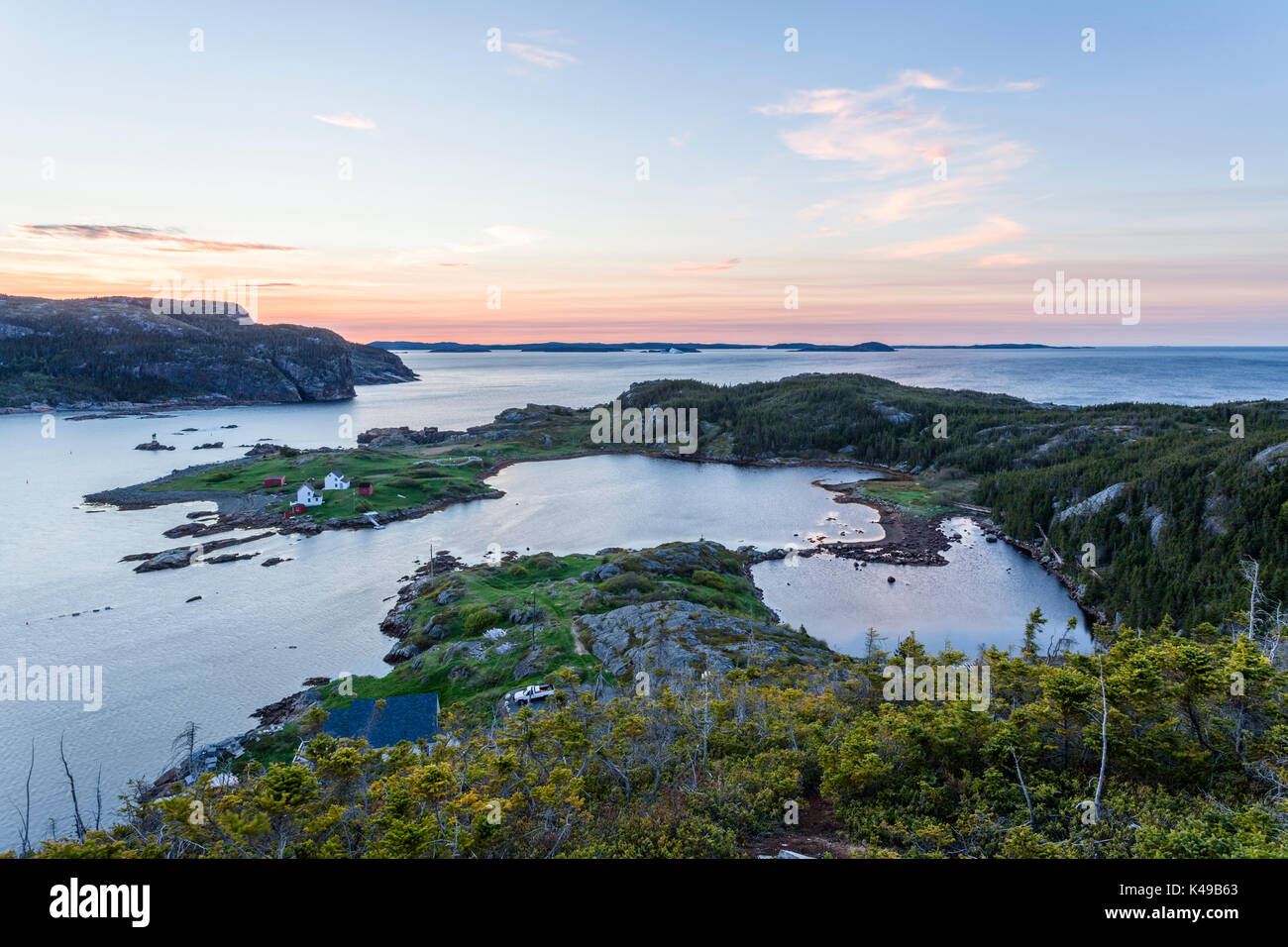 Overlooking Harbour and the Atlantic Ocean near the town of Salvage at sunset in