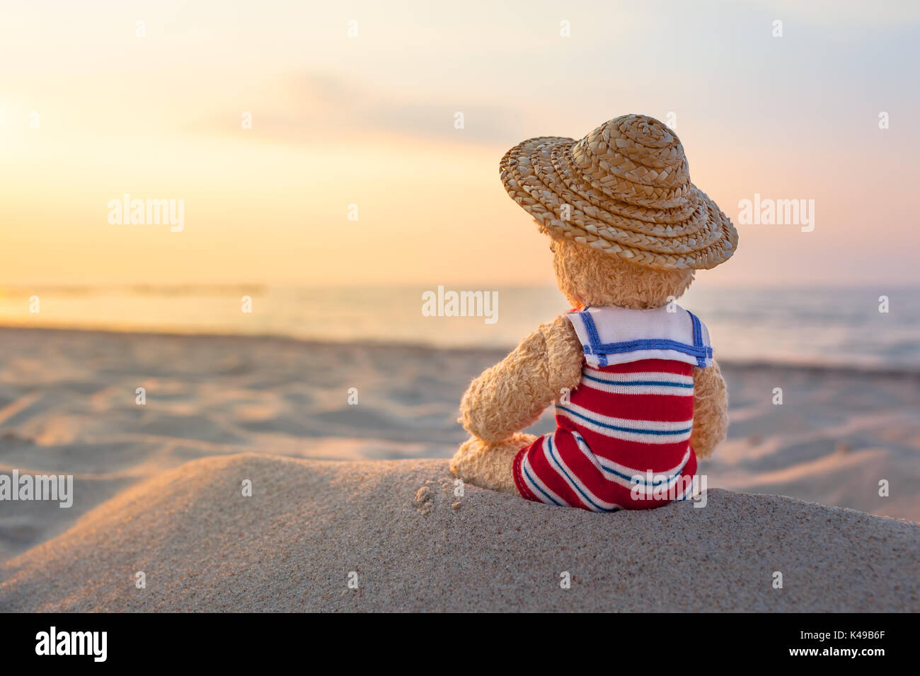 Rear view of little teddy bear, wear nostalgic striped swimsuit and ...