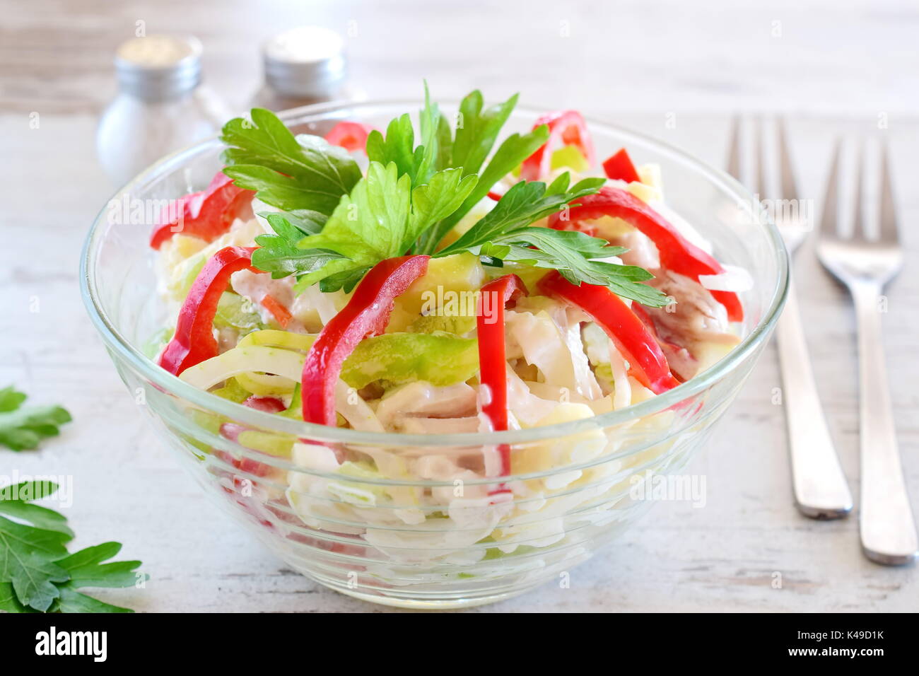 Chicken salad with chicken fillet, paprika, cheese, eggs, onion, served