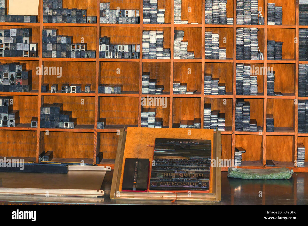 View of a historical printing plant with lettering, typing service for relief printing technology. Stock Photo