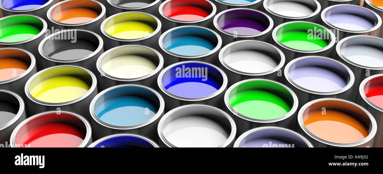 Colorful paint pots background, 3d illustration Stock Photo Alamy