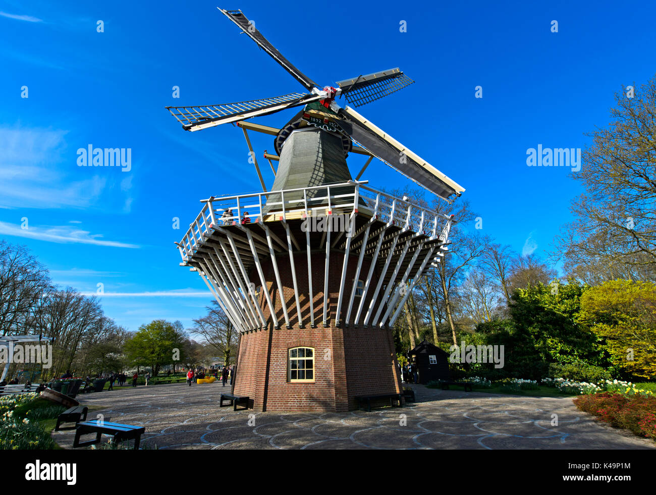 Dutch Windmill At Keukenhof Gardens, Lisse Near Leiden, Netherlands Stock Photo