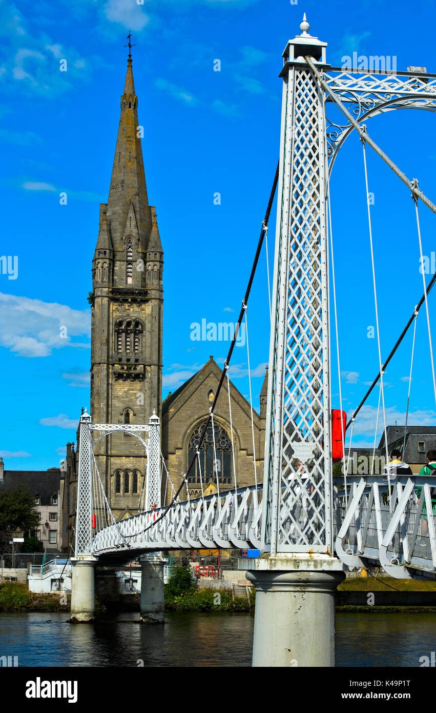 Greig Street Suspension Bridge Across River Ness And Free North Church, Inverness, Scotland, Znited Kingdom Stock Photo