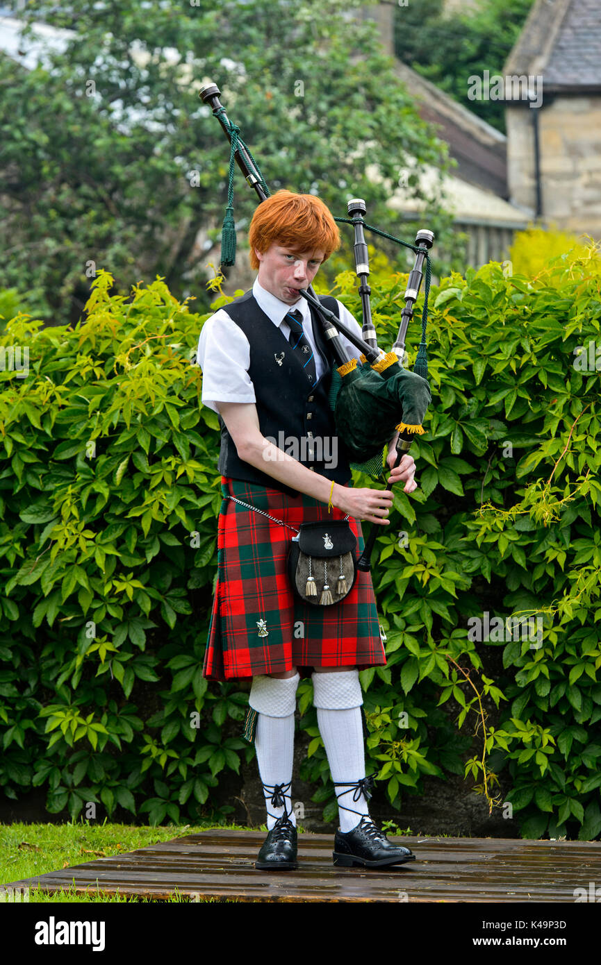 Bagpipe Player In The Individual Piping Contest At The Ceres Highland Games, Ceres, Scotland, Uk Stock Photo