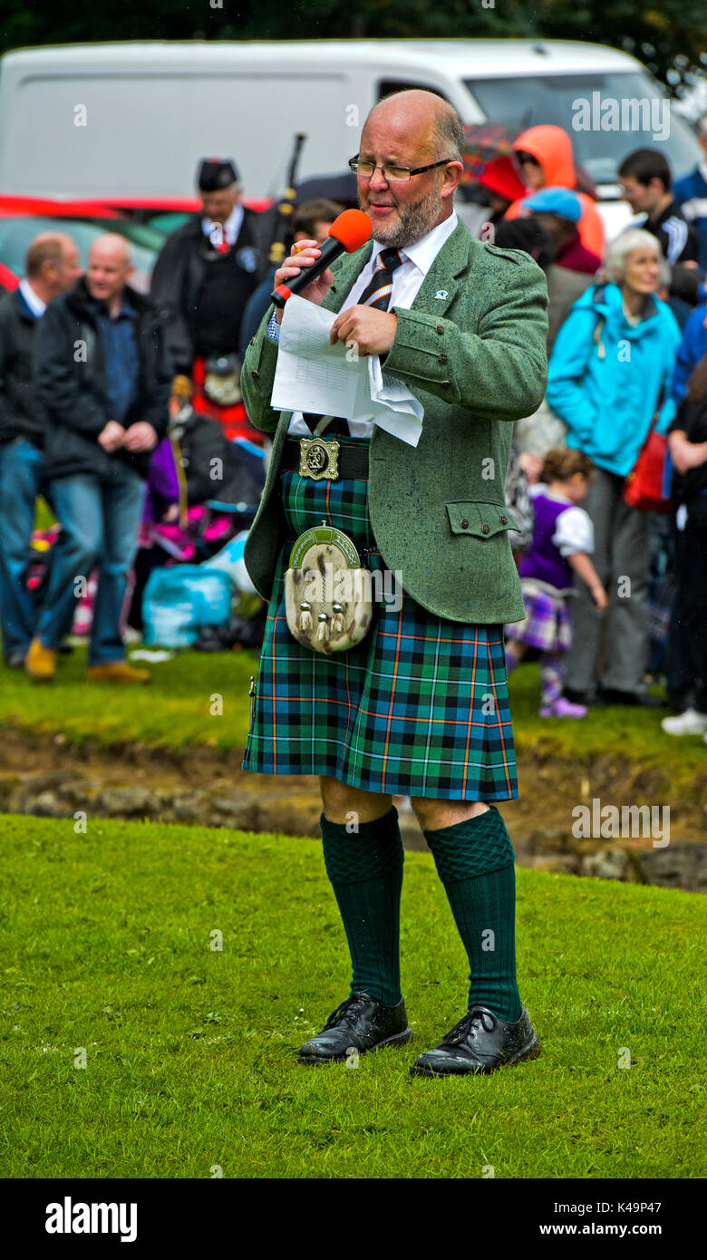 Scottish Man Wearing A Kilt And A Dress Sporran, Speaker Of The Ceres Highland Games, Ceres, Scotland, Uk Stock Photo