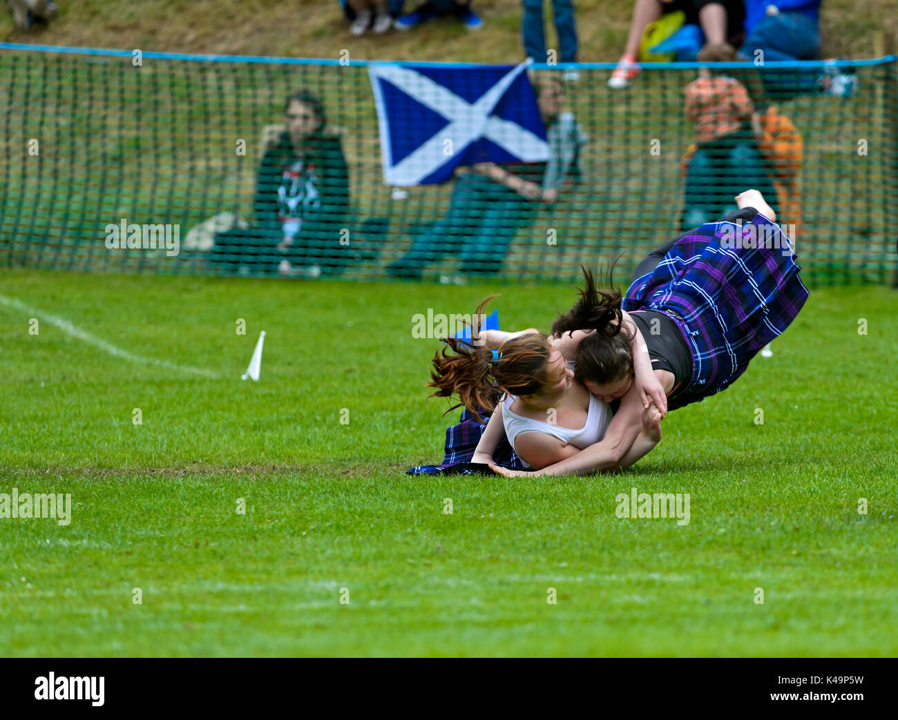 Female Scottish Backhold Wrestlers In Action, Ceres Highland Games, Ceres, Scotland, Uk Stock Photo