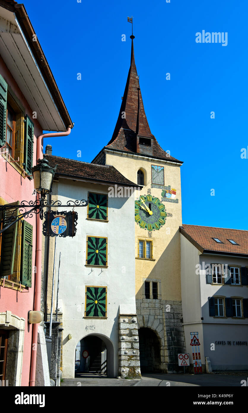 Clocktower Gate In Teh Old Town Of Le Landeron, Swiss Heritage Site, Canton Of Neuchatel, Switzerland Stock Photo