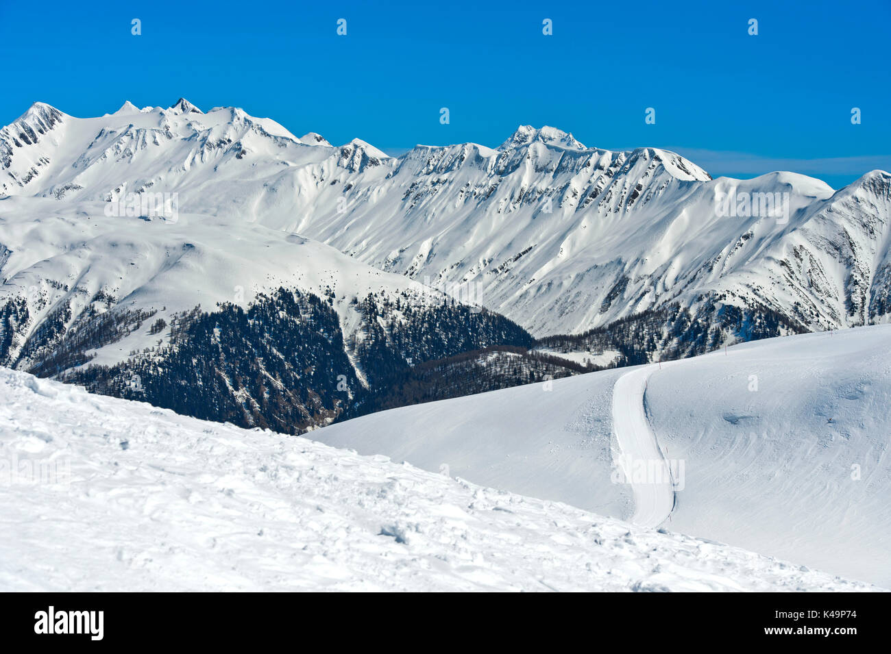 Winter In The Pennine Alps, Bettmeralp, Skiing Area Aletscharena, Valais, Switzerland Stock Photo