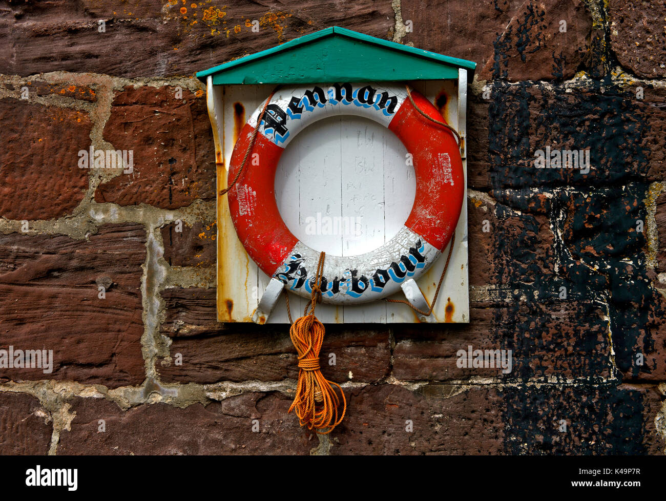 Life Buoy In The Fishing Harbour Pennan, Aberdeenshire, Scotland, Great Britain Stock Photo