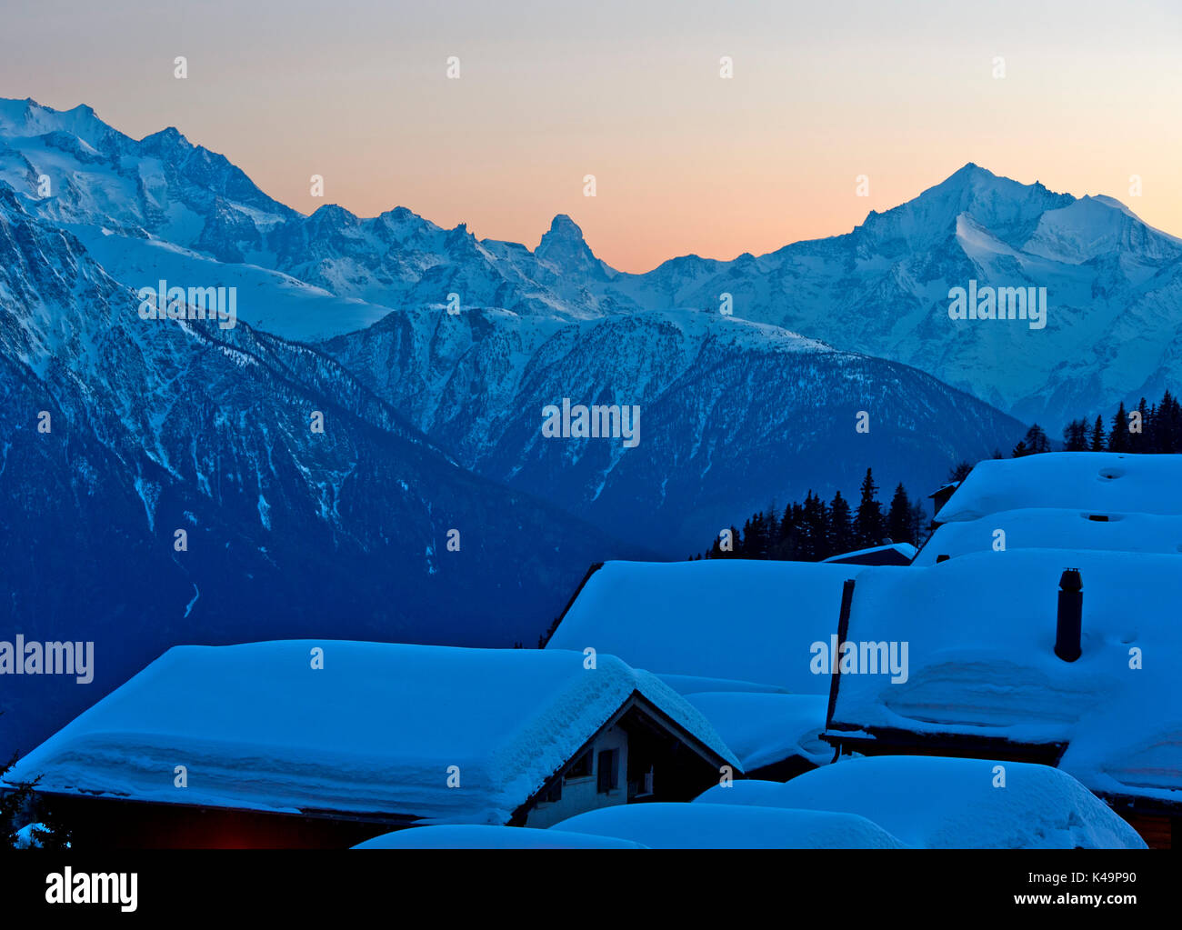 Winter Evening In A Mountain Village In The Swiss Alps, Bettmeralp, Wallis, Switzerland Stock Photo